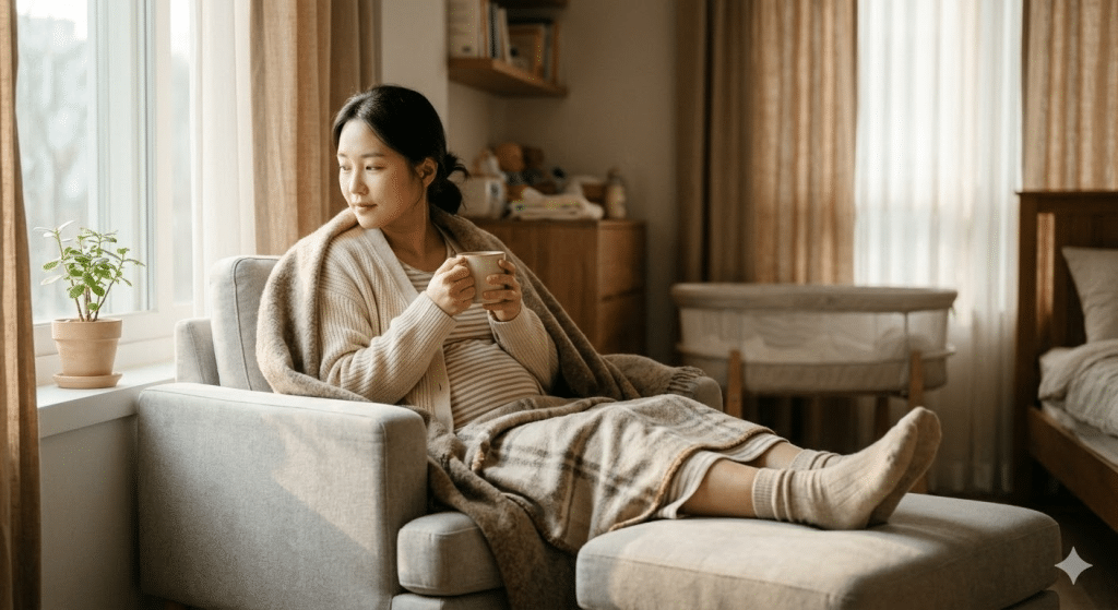찬바람을 막기 위해 얇은 긴소매 옷과 면 양말을 착용한 산모의 모습