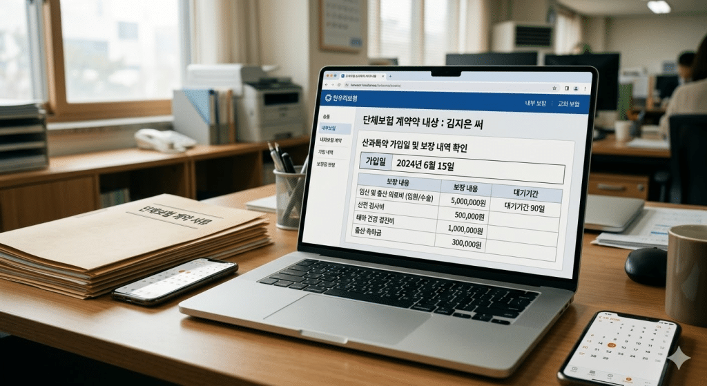 단체보험 산과특약 가입일 보장 내역 확인